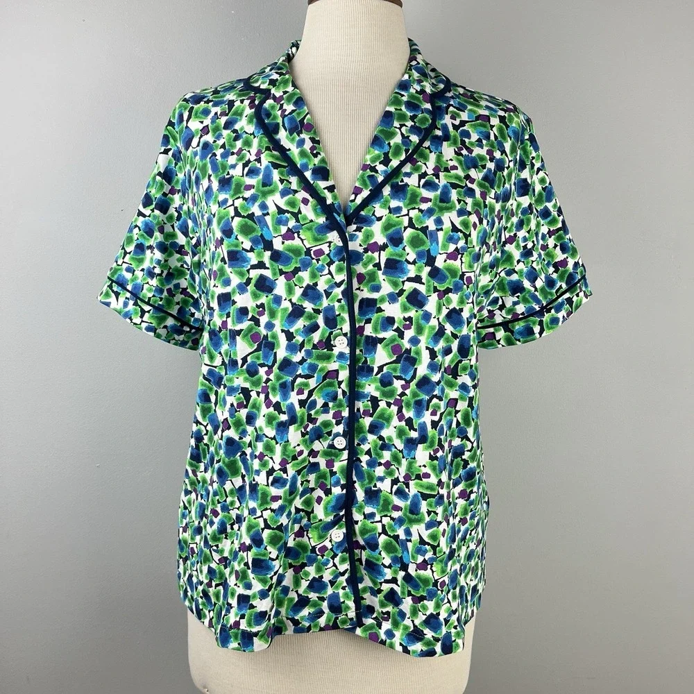 House of Silk Pajama Set Womens EU 38 US M Shorts &‎ Top Green Blue Abstract